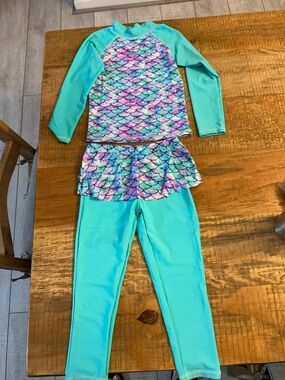 Girls Mermaid Scale Two-Piece Swim Set in Aqua and Multicolor